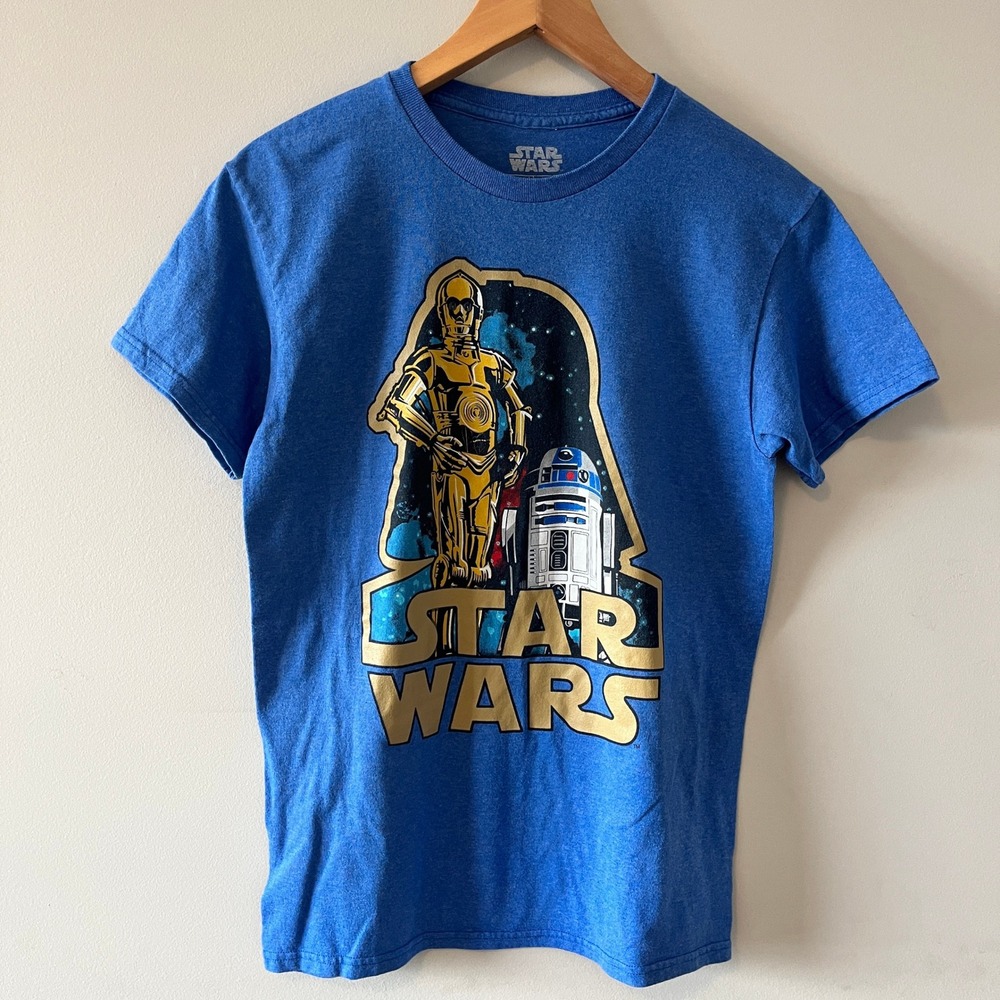 Star Wars Fifth Sun R2-D2/C-3PO Graphic Tee Blue Small Short Sleeve Shirt